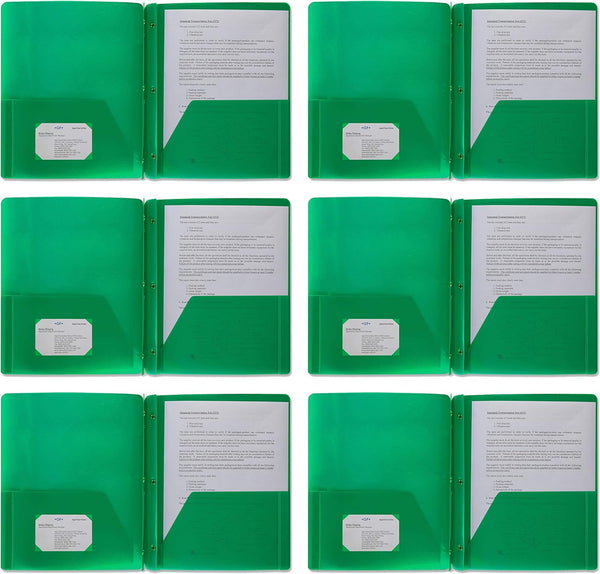 Plastic Pocket Folders, Heavy Duty Durable Poly, 2 Pocket Folder with 3 Prong Fasteners and Business Card Slot (Green)