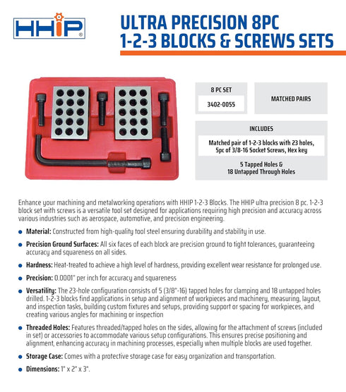 HHIP 3402-0055 1-2-3 Precision Block Set with Screws & Key, 23 Holes