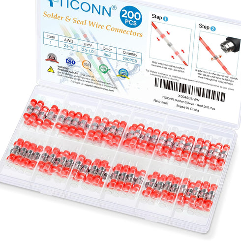 TICONN 200 PCS Solder Seal Wire Connectors, Heat Shrink Butt Connectors, Waterproof Electrical Wire Terminals