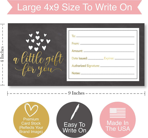 Hadley Designs 25 Rustic Blank Gift Certificate Cards, 4x9 Vouchers for Holiday, Birthday, Small Business