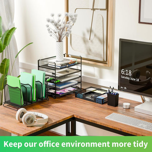 Simple Trending 5 Tier Mesh Desk File Organizer with Sliding Drawer, Paper Letter Tray for Office Home, Black