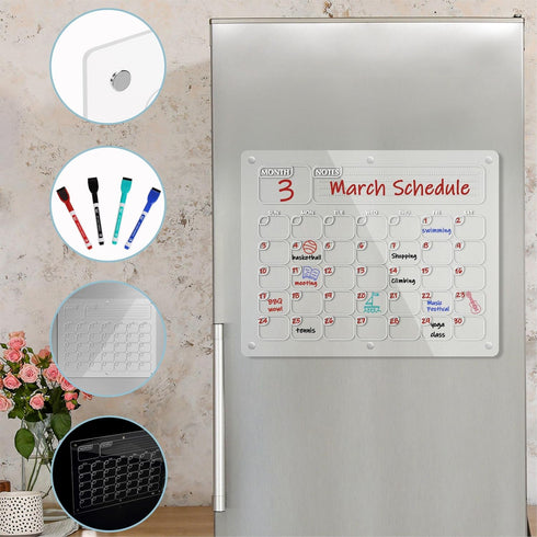 Mr. Pen Acrylic Dry Erase Calendar for Silver Fridge, 14.7x11.8", Magnetic Calendar with 4 Markers
