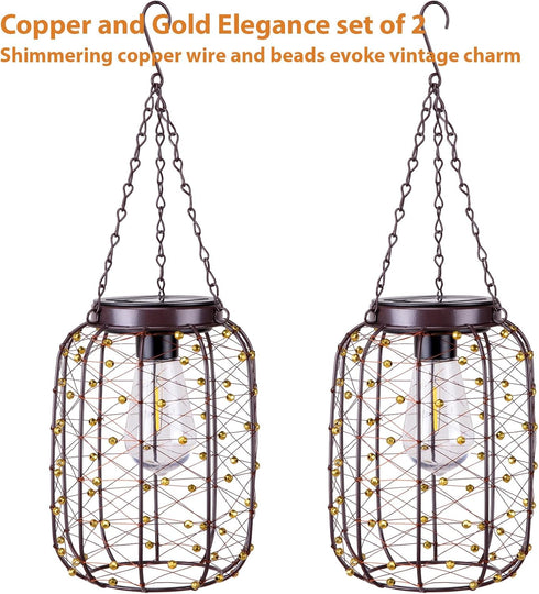 2 Pack Hanging Solar Lanterns Outdoor Waterproof, Vintage Copper Hanging Lantern Lights for Outside, Solar Chandelier