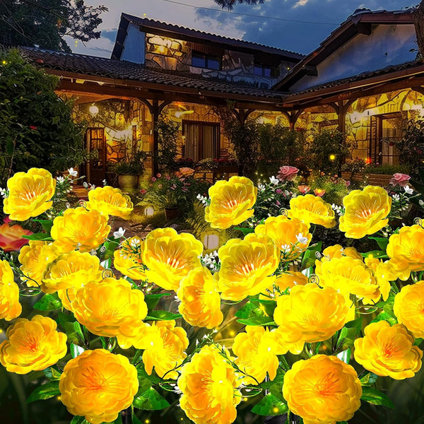 Neporal Solar Flowers Outdoor Waterproof, 4PK 7-Stem Yellow Camellia with 2 Lighting