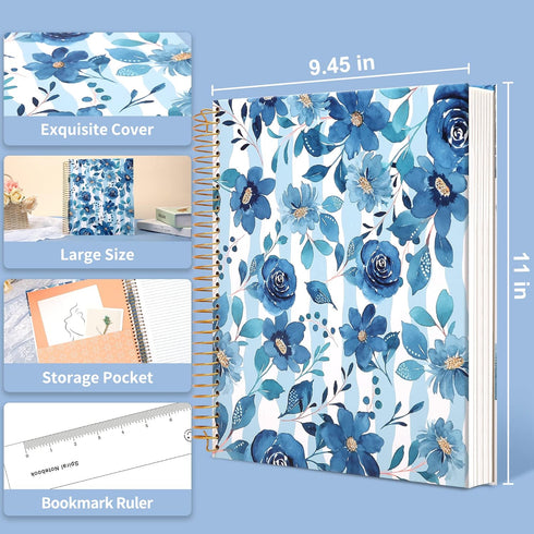 CAGIE Hardcover Spiral Notebook – 8.5 x 11, College Ruled, 200 Pages, Aesthetic Floral, Large Pockets for Women