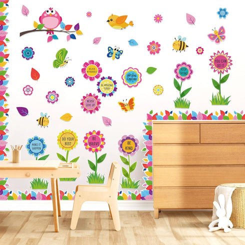 Spring Flower Butterfly Bulletin Board Decorations, Affirmation Cutouts and Borders Set for Classroom Decor