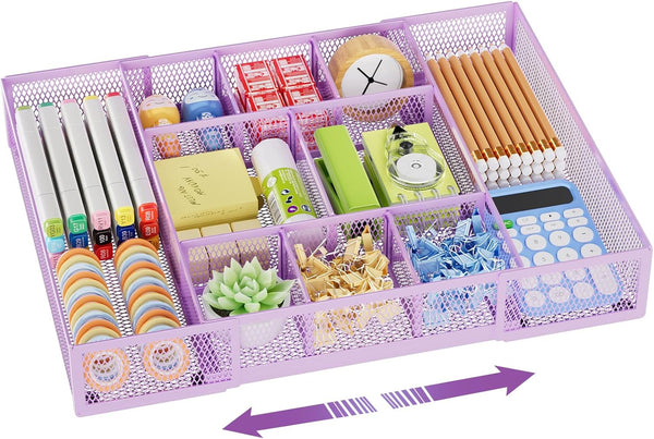 Marbrasse Expandable Desk Drawer Organizer, Mesh Tray with 10 Adjustable Compartments for Office Supplies, Makeup &
