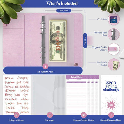 Soul Mama Budget Binder with Cash Envelopes, Holographic Prism Money Organizer, A6 Binder with Rose Gold Stickers