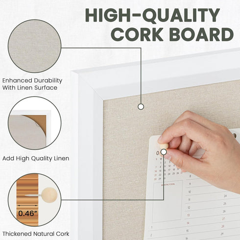 Bulletin Board Cork Board with Linen, 30" x 20" Wood Framed Decorations, Wall Mounted Fabric Picture Board