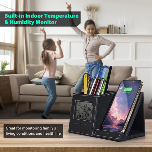 Pen Holder and Organizer for Desk with Wireless Charger, Digital Indoor Thermometer and Humidity Gauge