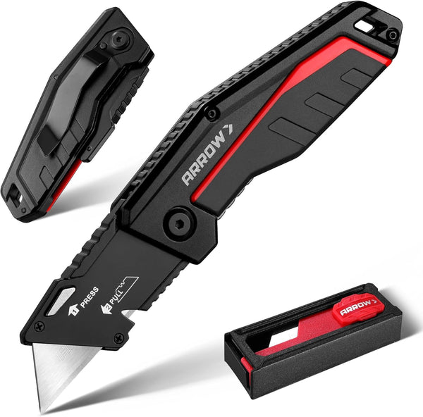 ARROW Folding Utility Knife, Quick-Change Box Cutter with Belt Clip, Liner Lock,