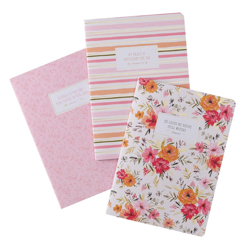 Christian Art Gifts Slim Scripture Notebooks for Women, Set of 3, Pink/Orange Floral with Gold, Inspirational
