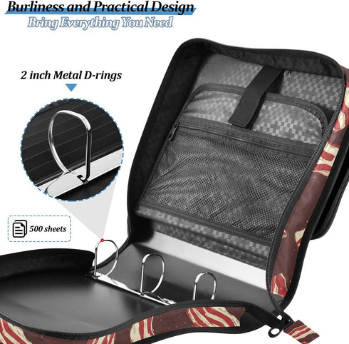 Fisyme 3 Bacon Pattern Zipper Binder Ring with Zipper and Shoulder Strap Large Capacity Multi-Pocket Binder Organizer