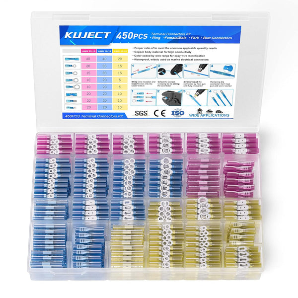 Kuject 450PCS Heat Shrink Wire Connectors, Waterproof Electrical Wire Terminals Kit for Automotive & Marine Use