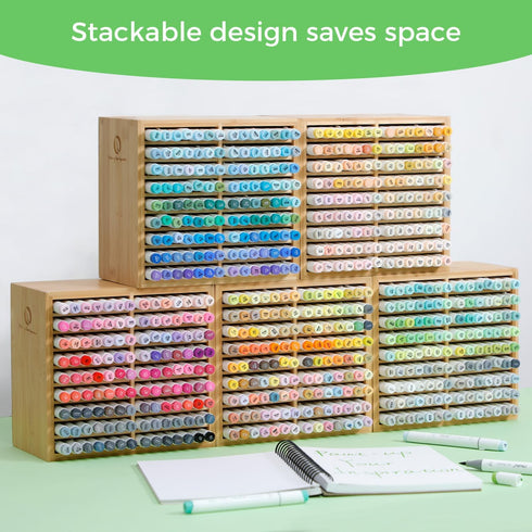 Ohuhu Bamboo Marker Organizer, Wooden Desktop Storage for 126 Markers, Pens, and Art Brushes