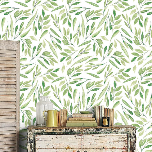 HAOKHOME 93199-2 Boho Peel and Stick Wallpaper, Green Branches Leaves, Removable Vinyl Contact Paper 17.7in x 9.8ft