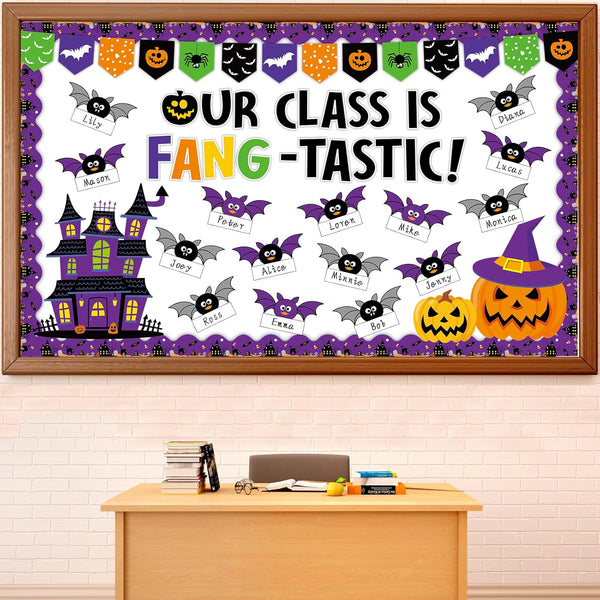 gisgfim Halloween Bulletin Board Decorations, Bat Name Tag Paper Cutouts, Trick Treat Pumpkin Castle Classroom Decor