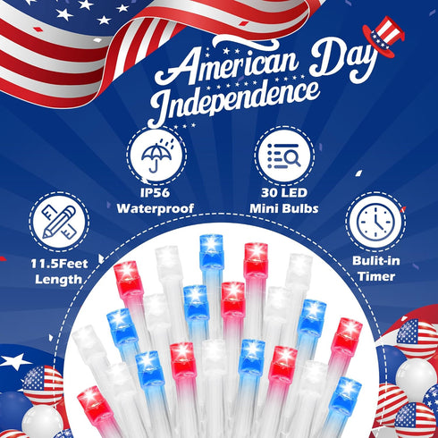 RECESKY 4th 30 11.5Ft 8 Red White Blue of July Decoration Light - LED Patriotic Battery String Lights with Modes