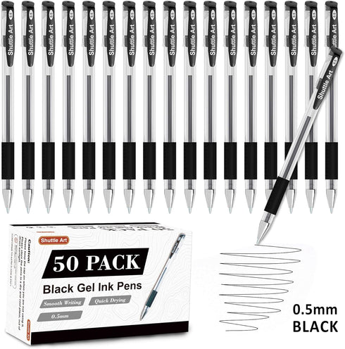 Shuttle Art Black Gel Pens, 50 Pack Fine Point Black Ink Pens Bulk, 0.5mm Rollerball Gel Ink Pens Smooth Writing with Comfortable Grip for Office, School and Home