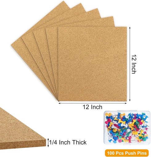 TUPARKA 4 Pack Cork Board 12"x12" - 1/4" Self-Adhesive Corkboards for Wall with 100 Push Pins Wall Bulletin Boards Square Bulletin Boards Cork Tiles for Wall Home School Office Decorative (4, 12"x12") by TUPARKA