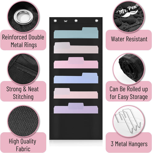 Mr. Pen Hanging Wall File Organizer, 6 Pocket, Black, Over The Door File Organizer with 3 Overdoor Hangers