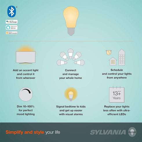 SYLVANIA SMART+ Bluetooth Clear Filament LED Bulb, Soft White A19, Compatible with Alexa and Google Assistant