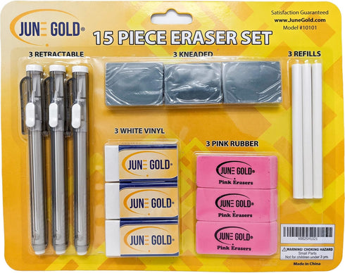June Gold 15 Piece Art Eraser Set, 3 White Vinyl, 3 Pink Rubber, 3 Kneaded, 3 Retractable, & 3 Refills