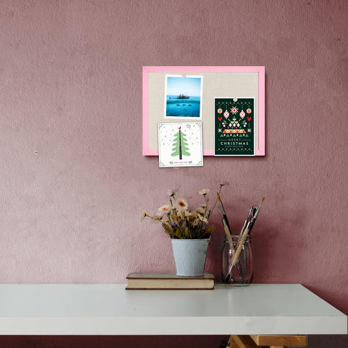 Linen Bulletin Board 10.2"x14.3", Pink Wood Frame, Beige Linen Small Pin Board for Home Kitchen Office Decor (PK-2636)