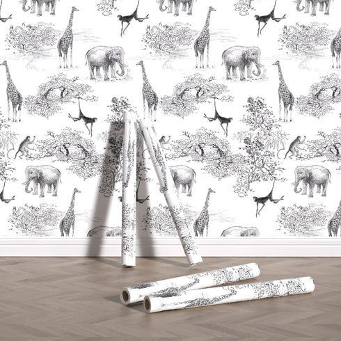 Peel and Stick Wallpaper for Kids Room, Giraffe and Elephant Black/White Vintage Contact Paper, 17.7 x 118.1