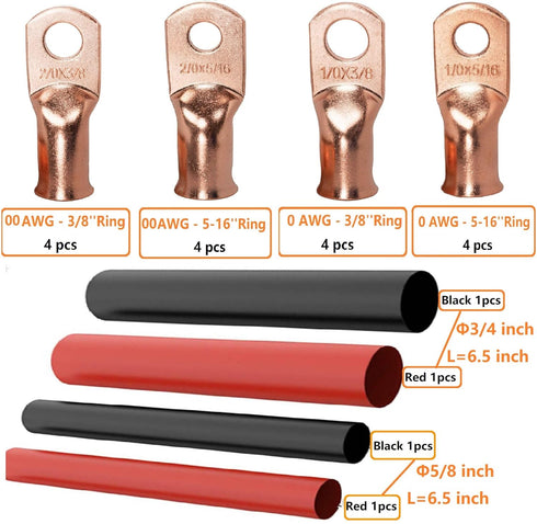 20pcs 1/0 2/0 0 00 3/8" 5/16" 3:1 SVAAR Battery Cable Ends Kit AWG AWG Copper Lugs Gauge Gauge Battery Cable Lugs