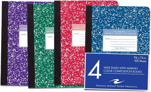 Roaring Spring Colored Composition Notebooks, 4-Pack, Wide Ruled, 100 Sheets, 9.75"x7.75", Hard Board Marble Covers