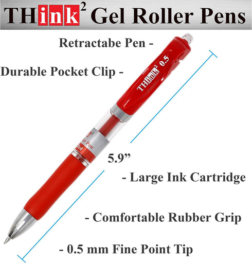 Think2 Retractable Gel Pens - 24 Red Ink Fine Point (0.5mm) Rollerball Pens with Comfort Grip