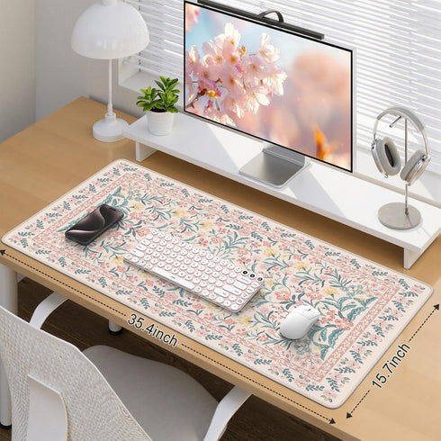 iCasso Pink Floral Desk Mat, Desk Pad, XXL Large Mouse Pad, Anti-Slip Big Mousepad with Stitched Edges, Computer Mouse
