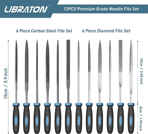 LIBRATON Small File Set - 13PCS Needle Diamond Files for Precision Metal Work, Wood, Plastic Carving Tool