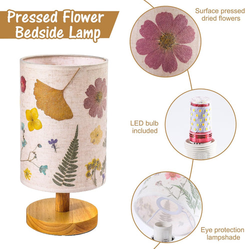 WSYEAR Pressed Flowers Bedside Lamp, Charming Floral Table Lamp with Wood Base for Bedroom