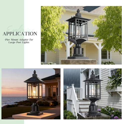 3.0" 2 Pack Lighting Outdoor Post Light Mounting Base OD Heavy-Aluminum Pier Mount Adapter in Black Finish for Deck
