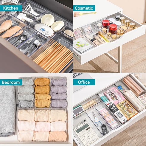 Voova 6 Pack Plastic Drawer Organizers Set - 3-Size Kitchen and Office Desk Drawer Organizer Trays, Clear