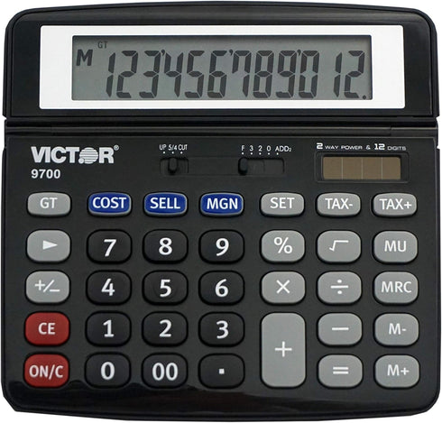 Victor 9700 12-Digit Standard Function Business Calculator, Battery and Solar Hybrid Powered, Black, Tilt LCD Display