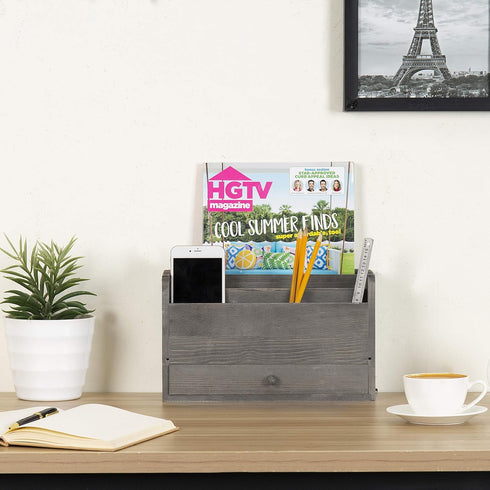 MyGift Rustic Gray Solid Wood Office Desk Organizer, 5 Slot Wooden Mail Sorter with Pull Out Drawer