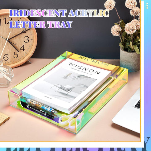 Maxcheck 2 Pcs Iridescent Acrylic Letter Tray, Non-Slip Rubber Organizer, Stackable Mail Tray for Desk, Office, Home
