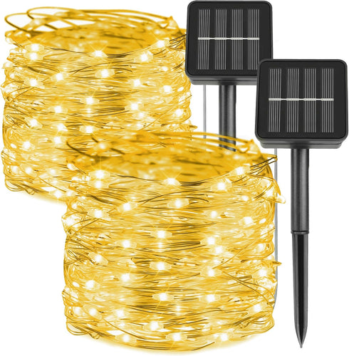 kemooie 2 Packs Solar String Lights, 200 LED 66FT Warm White Fairy Lights with 8 Twinkle Modes, Waterproof for Outdoor,
