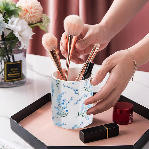 Pencil Holder for Desk Organizer, Ceramic Floral Pattern Storage for Writing Utensils, Makeup Brush Holder - Blue