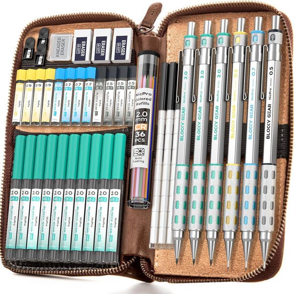 Nicpro Blocky Gear Metal Mechanical Pencil Set, 40PCS Art Drafting Pencil, 0.5, 0.7, 0.9 & 2mm Lead with 352PCS Refills