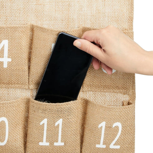 Juvale 30-Row Burlap Cell Phone Holder - Farmhouse Designed White Numbered Hanging Pocket Organizer