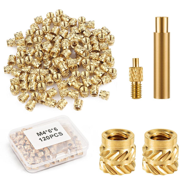 120pcs 3D Printing Knurled Brass Nuts - M4x6x6mm Threaded Inserts for M4 & 1 Welding Adapter Heat Embedment Nut