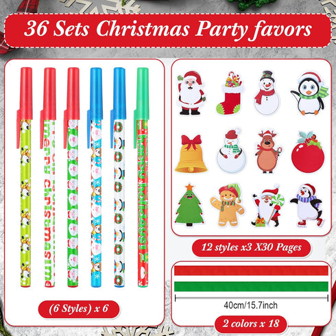 Cholemy 36 Sets Christmas Notepad Holiday Ballpoint Pens with Ribbon, Winter Holiday Theme Sticky Note Set