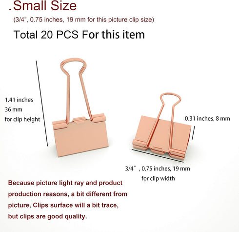 Binder Clips, Small Metal Clamp, Rose Gold, 0.75 inch / 19 mm, 20 PCS