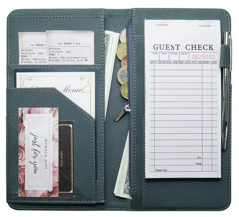 Green Server Book with Zipper Pocket and Magnetic Closure Server Booklet Waitress