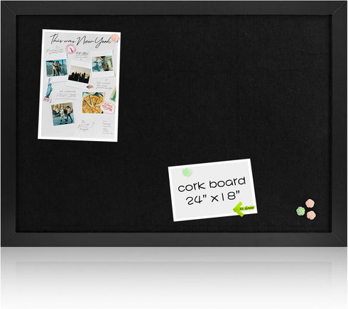 Board2by Black Cork Board Bulletin Board with Linen, Wood Framed 24" x 18" Corkboard, Wall Mounted Pin Board