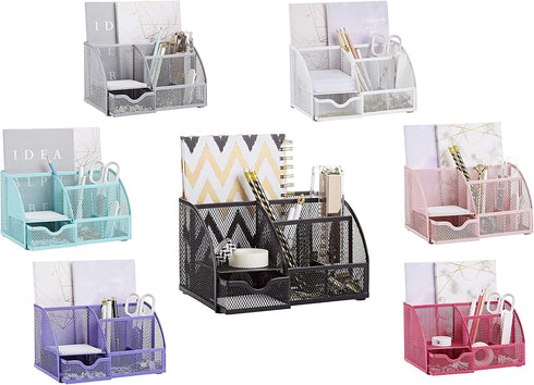 Exerz Desk Organizer Black Office Supplies, Desktop Pencil Pen Holder with Drawer for Home Workspace Storage